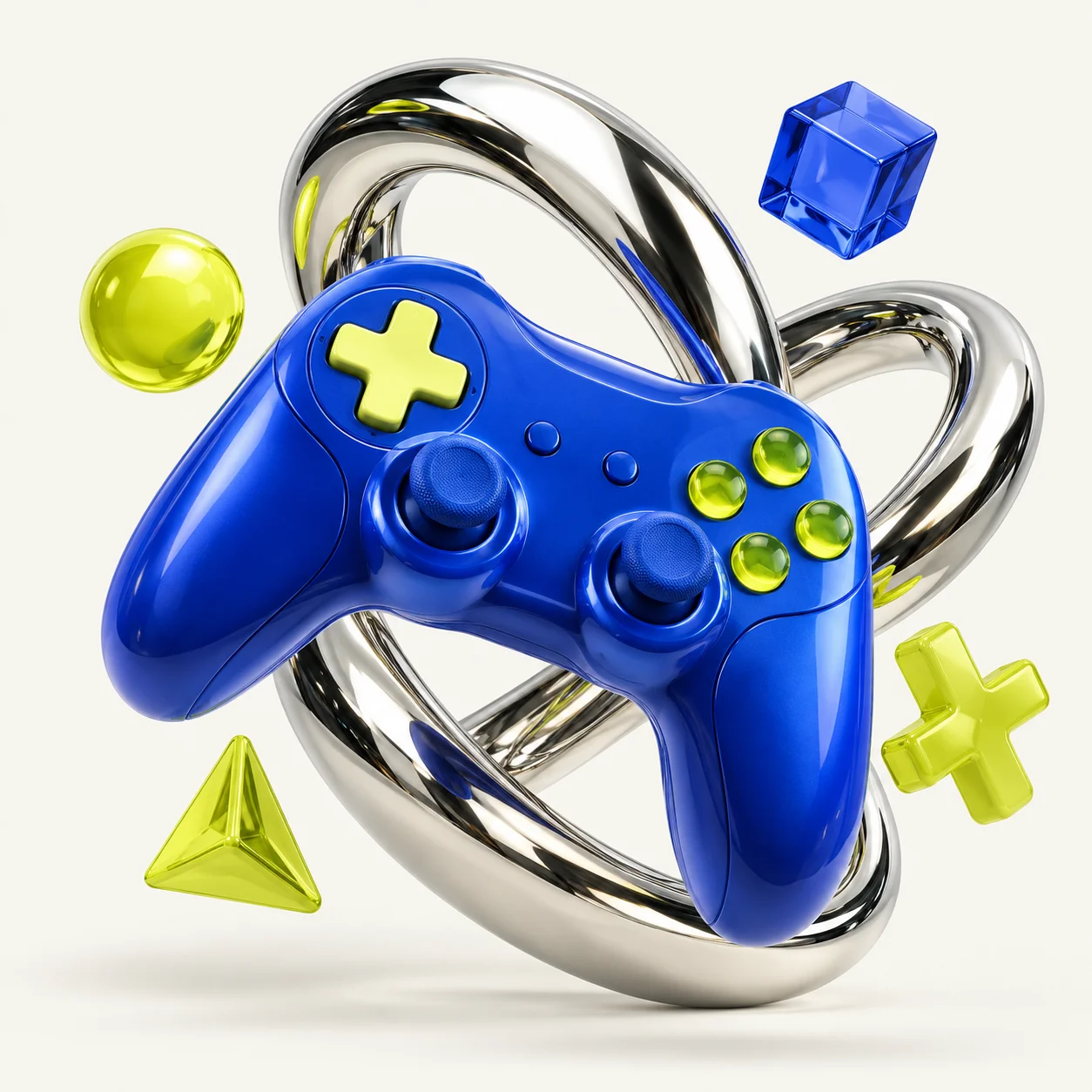 A cobalt-blue game controller floating through a chrome loop with bright yellow game pieces.